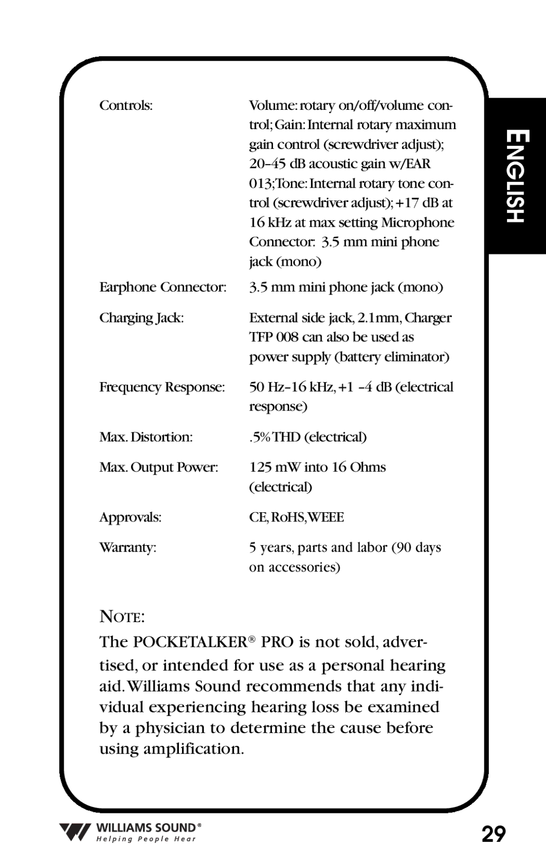 Williams Sound Personal Amplifier manual Controls 