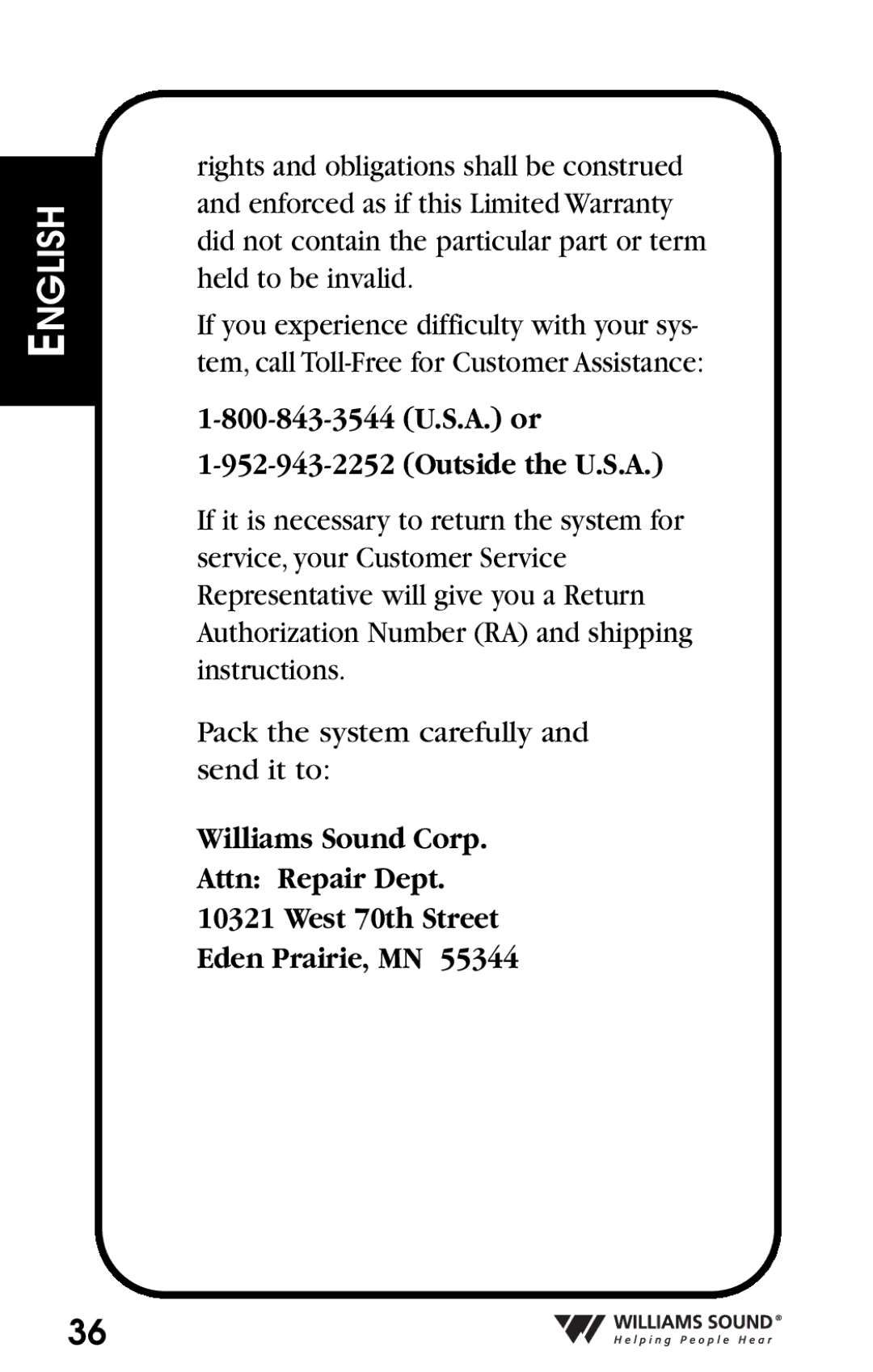 Williams Sound Personal Amplifier manual Outside the U.S.A 