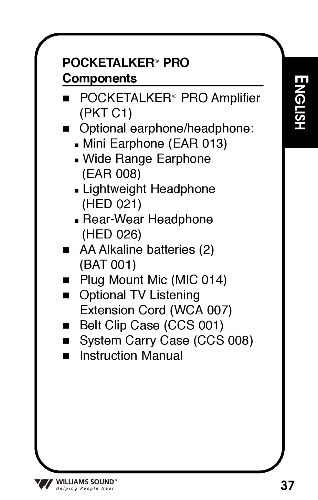 Williams Sound Personal Amplifier manual Pocketalker PRO 