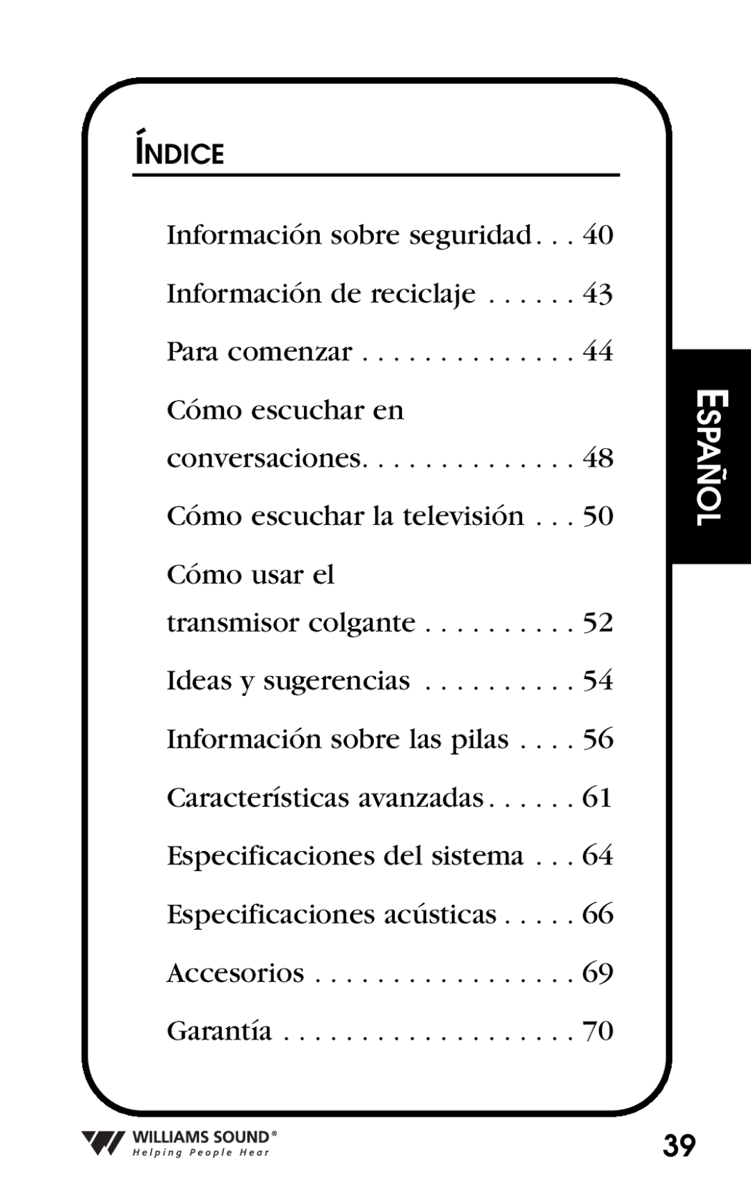 Williams Sound Personal Amplifier manual Índice 