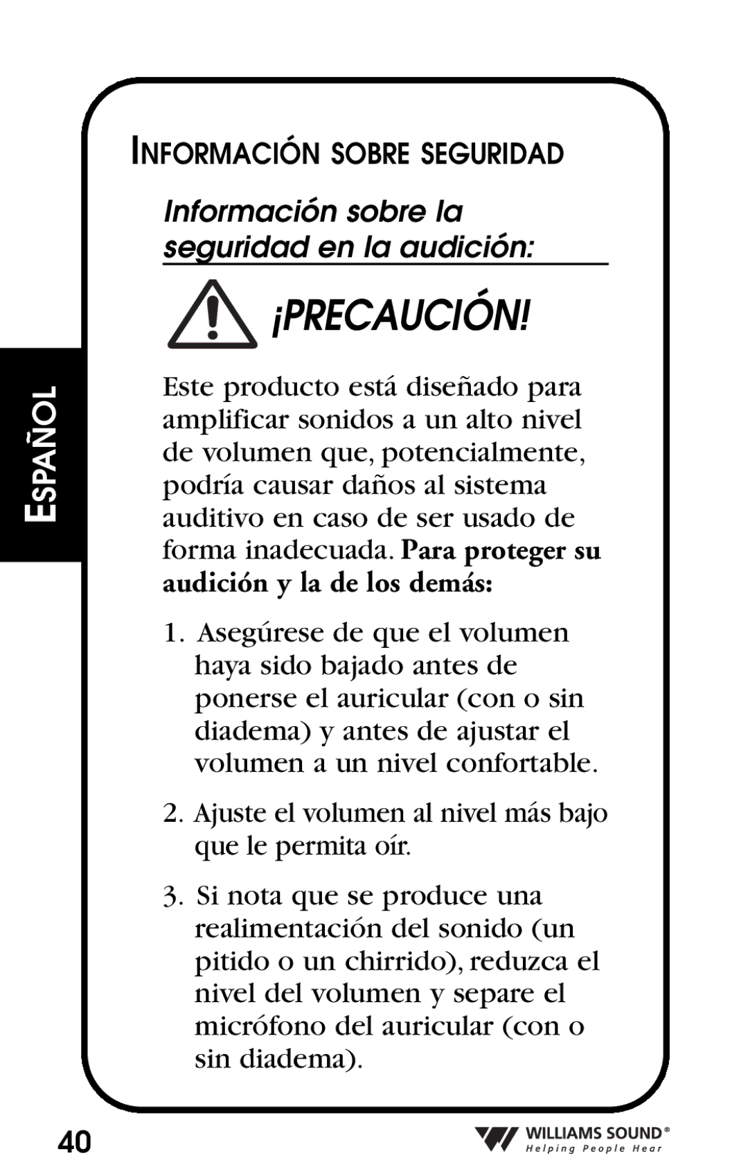 Williams Sound Personal Amplifier manual ¡Precaución 