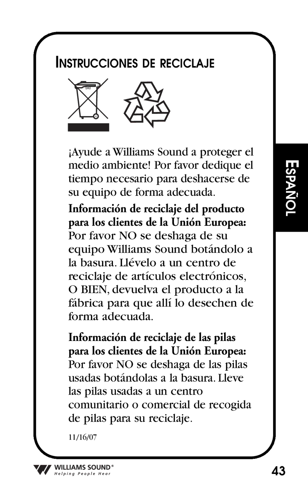 Williams Sound Personal Amplifier manual Instrucciones DE Reciclaje 