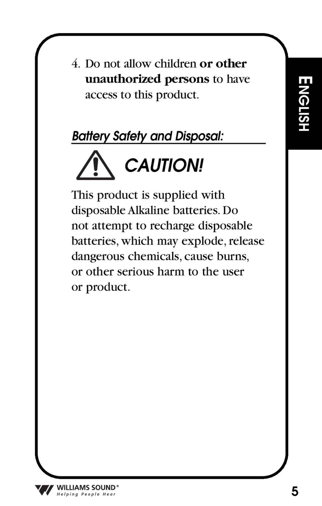 Williams Sound Personal Amplifier manual Battery Safety and Disposal 