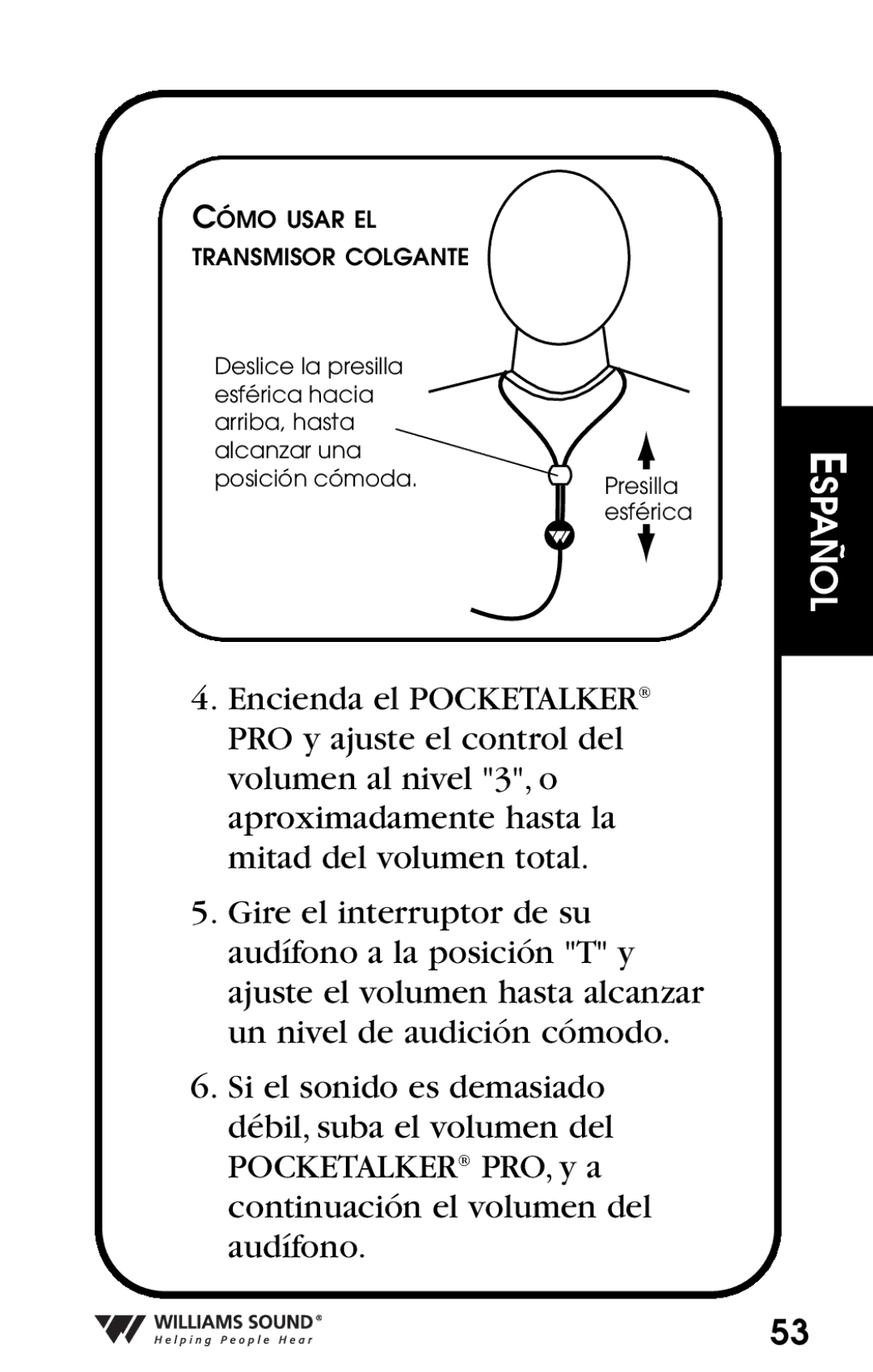 Williams Sound Personal Amplifier manual Cómo Usar EL Transmisor Colgante 