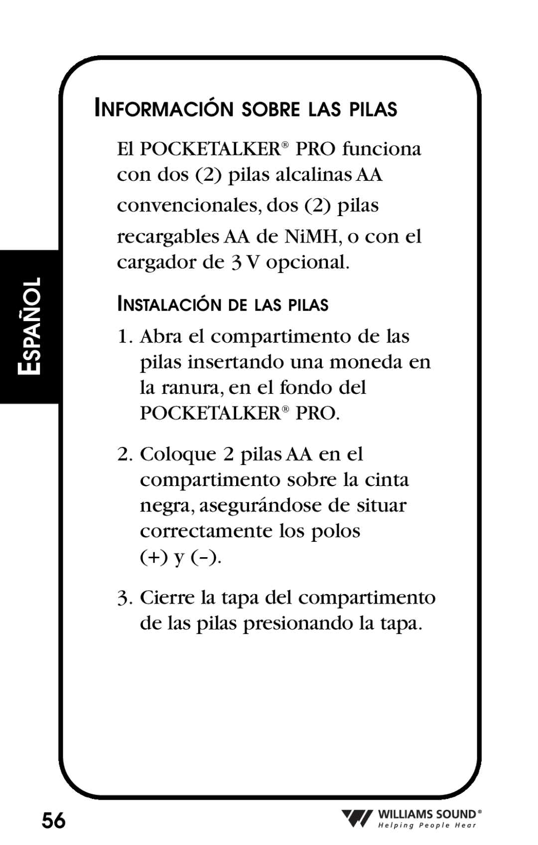 Williams Sound Personal Amplifier manual Información Sobre LAS Pilas 