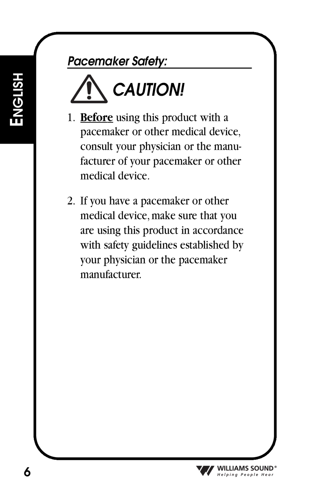 Williams Sound Personal Amplifier manual Pacemaker Safety 