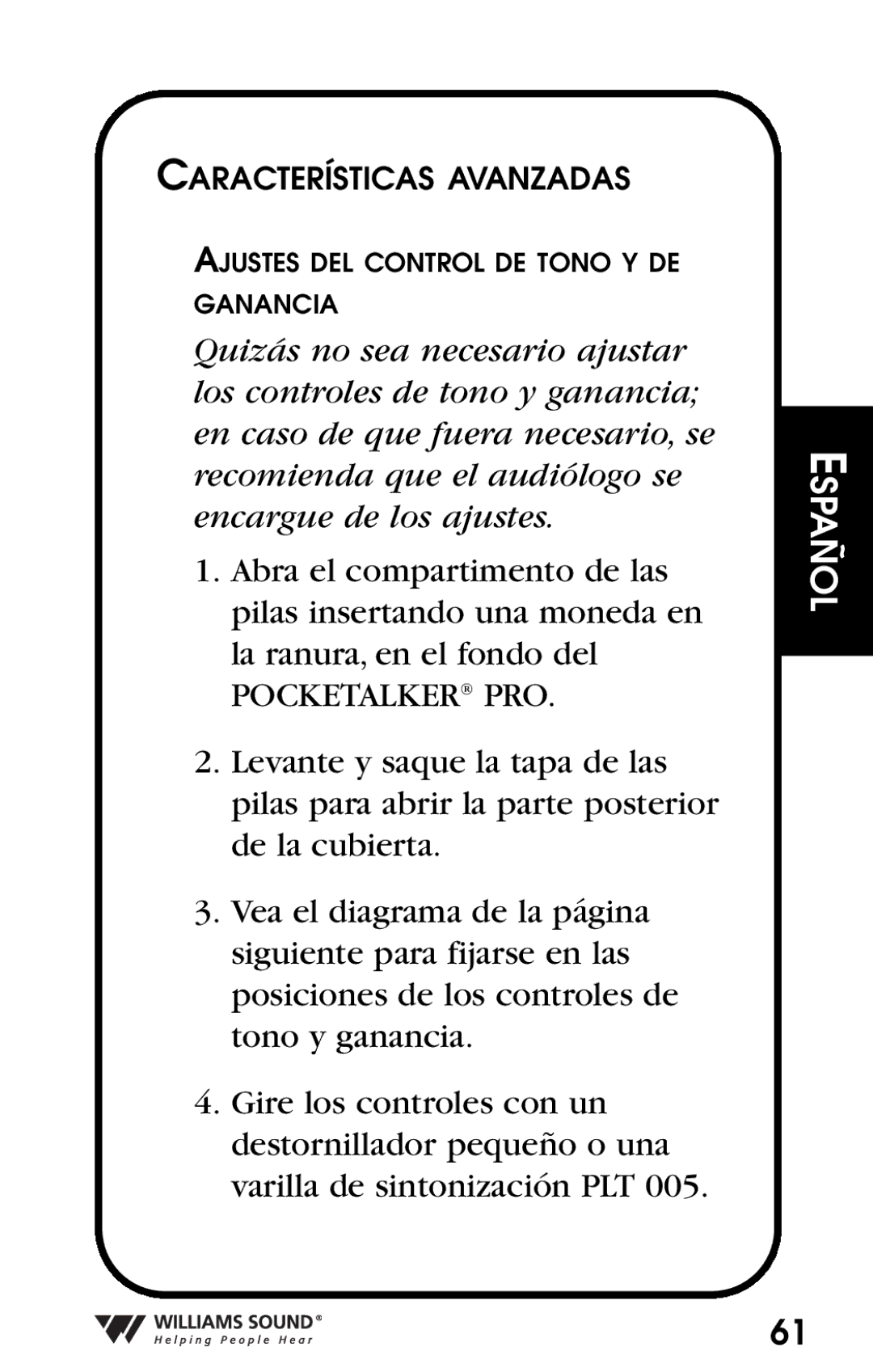 Williams Sound Personal Amplifier manual Características Avanzadas 