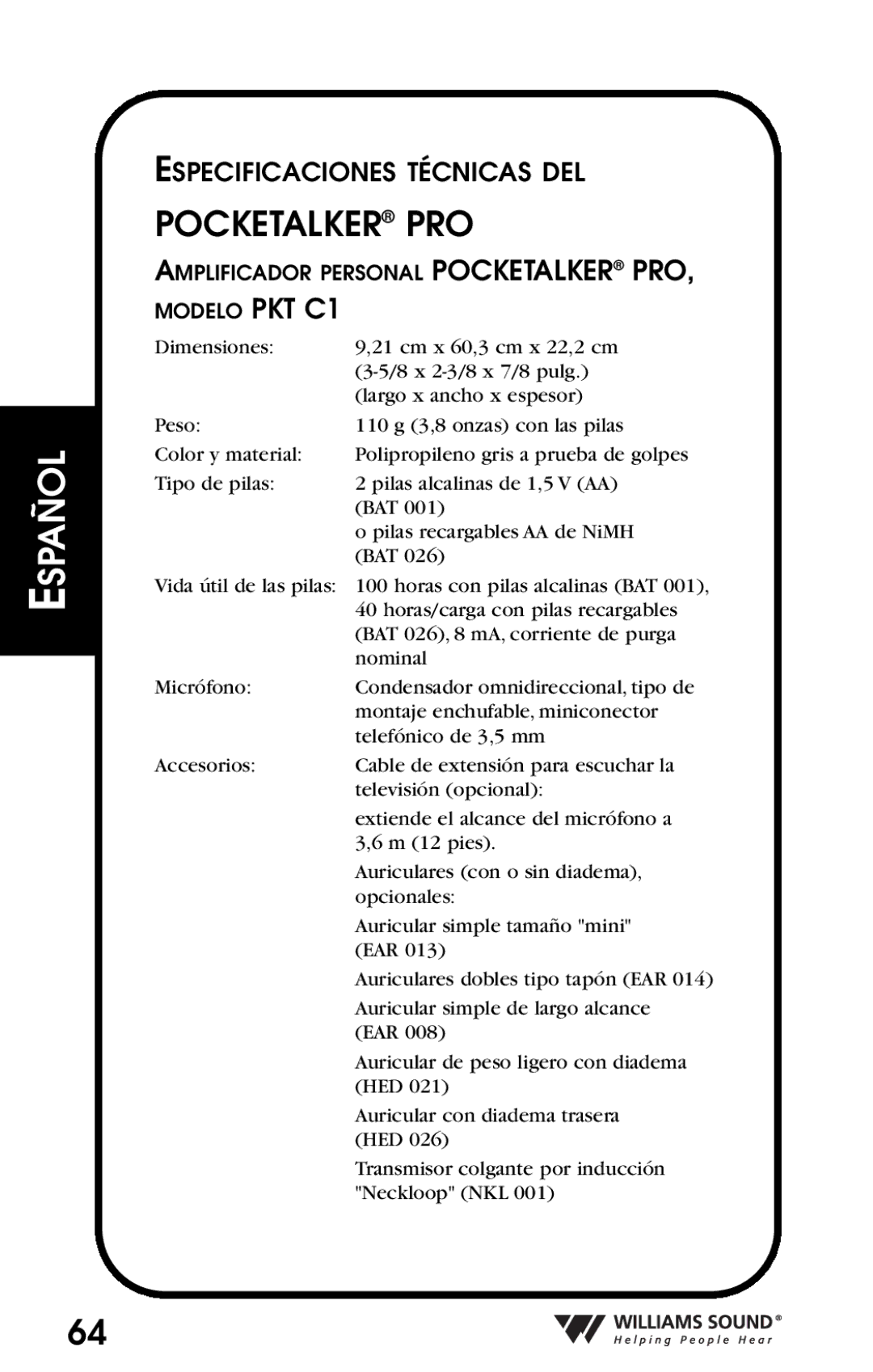 Williams Sound Personal Amplifier manual Pocketalker PRO 