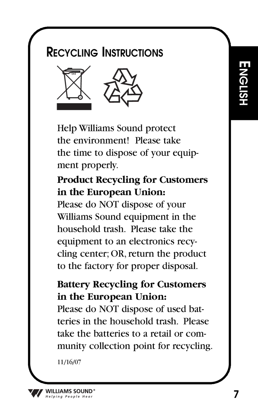 Williams Sound Personal Amplifier manual Product Recycling for Customers in the European Union 