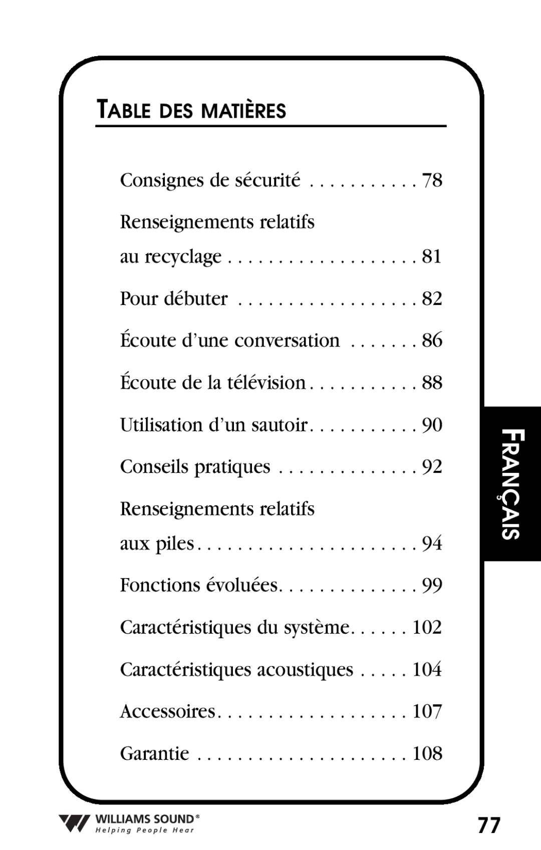 Williams Sound Personal Amplifier manual Table DES Matières 