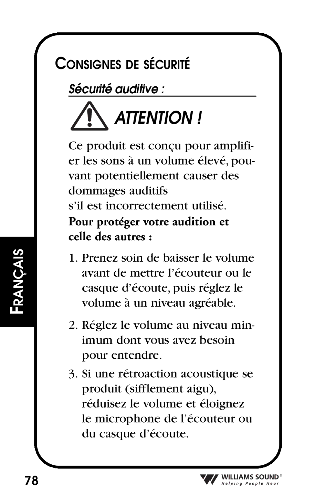 Williams Sound Personal Amplifier manual Pour protéger votre audition et celle des autres 