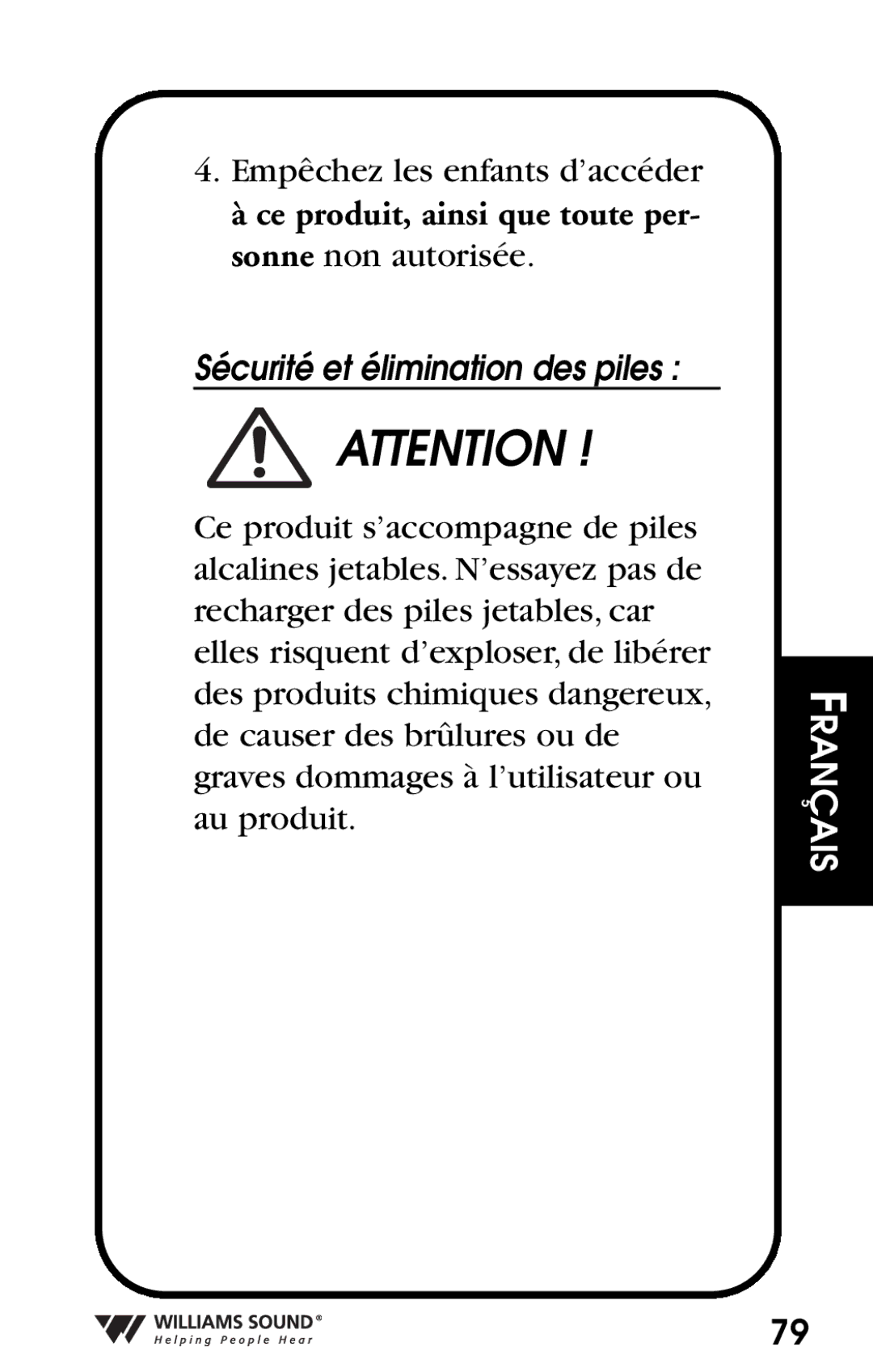 Williams Sound Personal Amplifier manual Sécurité et élimination des piles 