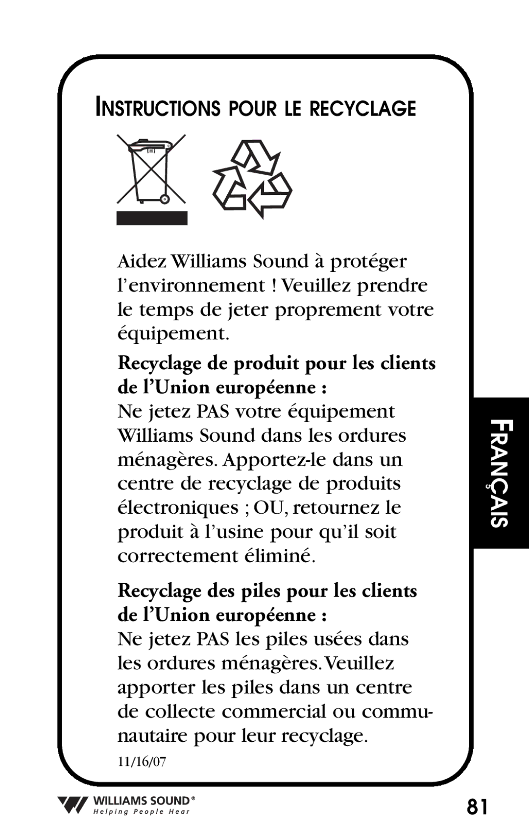 Williams Sound Personal Amplifier manual Recyclage de produit pour les clients de l’Union européenne 