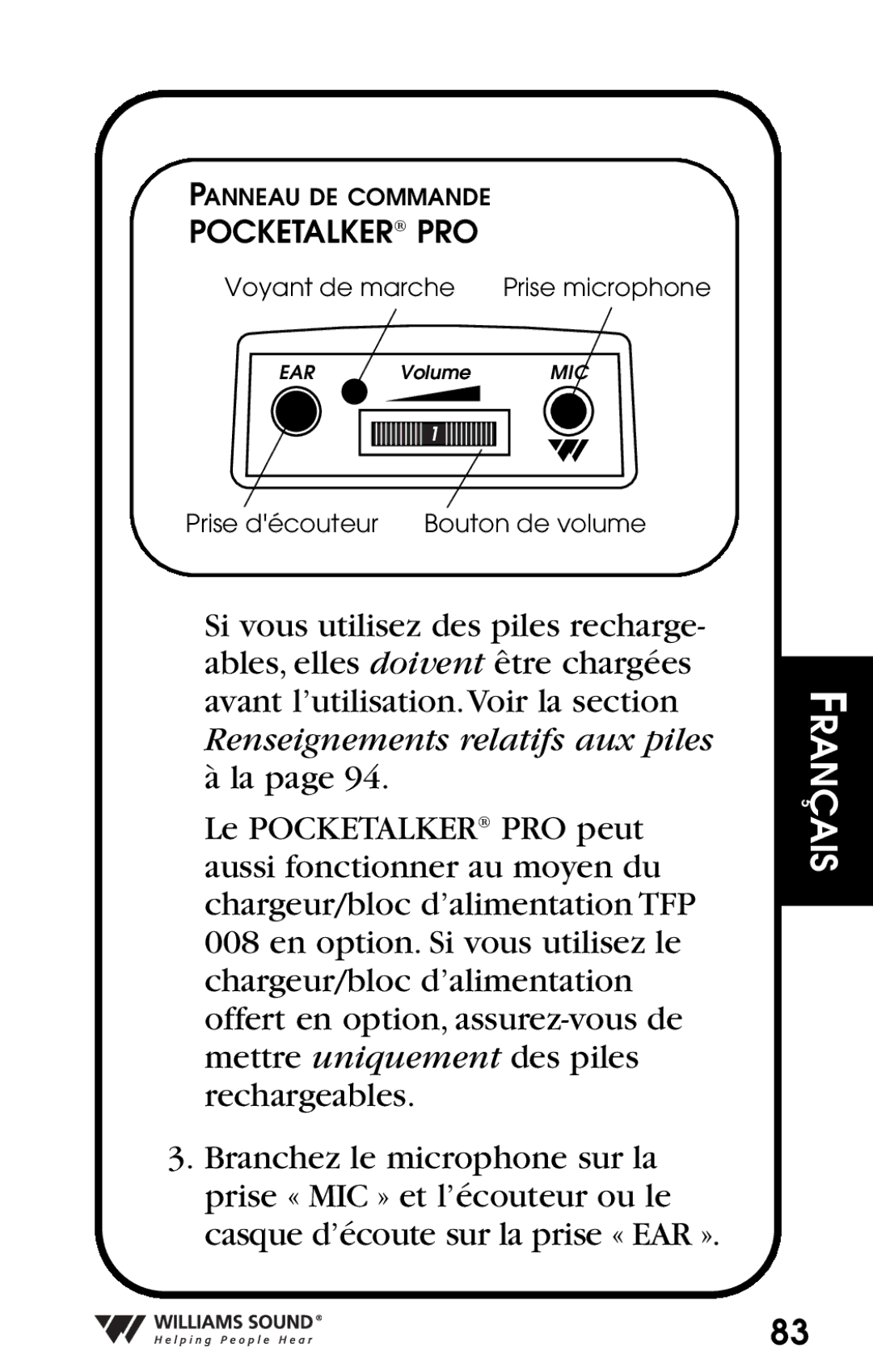 Williams Sound Personal Amplifier manual Voyant de marche Prise microphone 