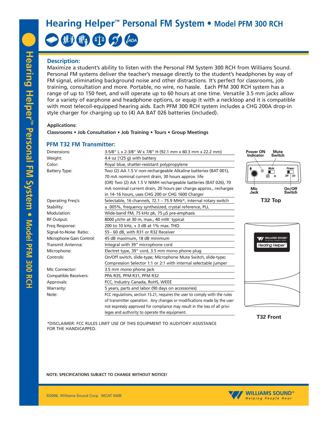 Williams Sound PFM 300 RCH specifications Description, PFM T32 FM Transmitter, T32 Top, T32 Front 