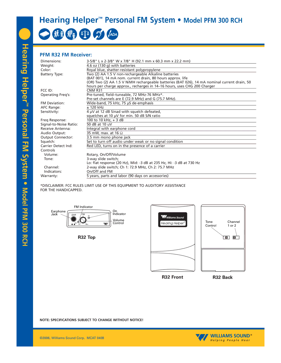 Williams Sound specifications Model PFM 300 RCH, PFM R32 FM Receiver, R32 Top, R32R32FrontR32R32Back 