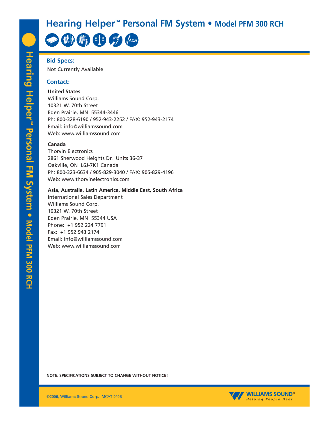 Williams Sound PFM 300 RCH specifications Bid Specs, Contact, United States, Canada 