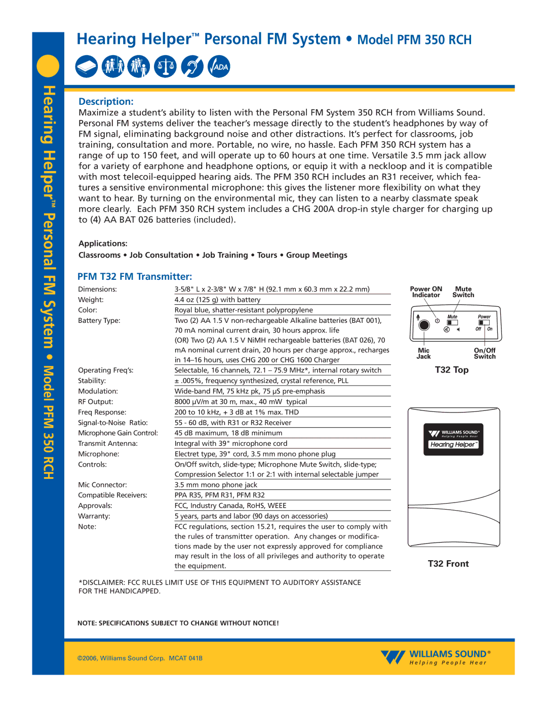 Williams Sound PFM 350 RCH specifications Description, PFM T32 FM Transmitter, T32 Top, T32 Front 