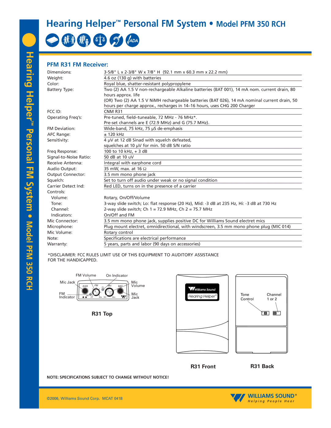 Williams Sound PFM 350 RCH specifications PFM R31 FM Receiver, R31 Top, R31 Front R31 Back 