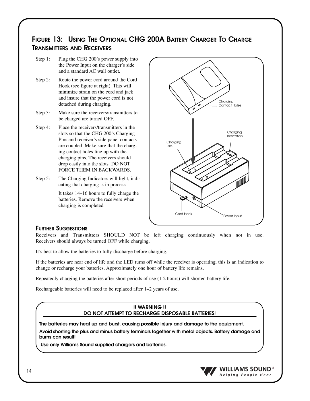 Williams Sound PFM 350E RCH, PFM T32, PFM 300E RCH, R31, PFM R32 system manual Do not Attempt to Recharge Disposable Batteries 