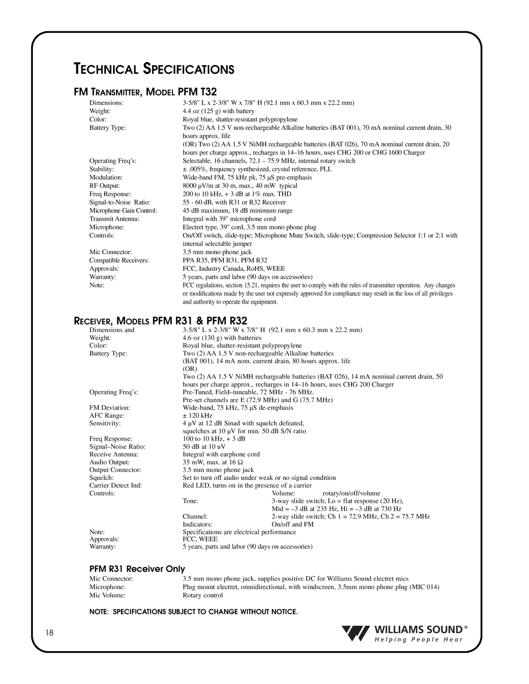 Williams Sound PFM 350E RCH, PFM T32, PFM 300E RCH Technical Specifications, RECEIVER, Models PFM R31 & PFM R32 