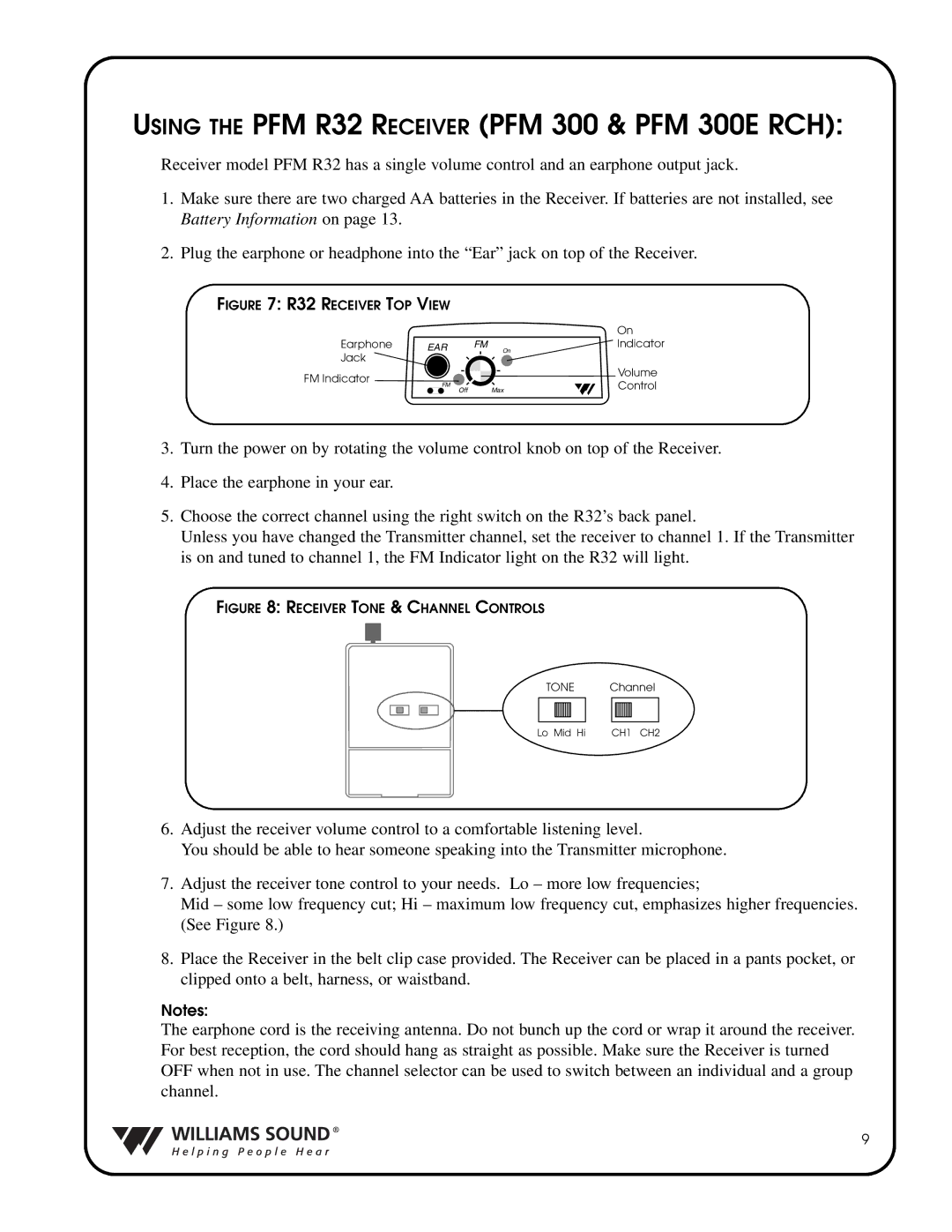 Williams Sound PFM 350E RCH, PFM T32, R31 system manual Using the PFM R32 Receiver PFM 300 & PFM 300E RCH 