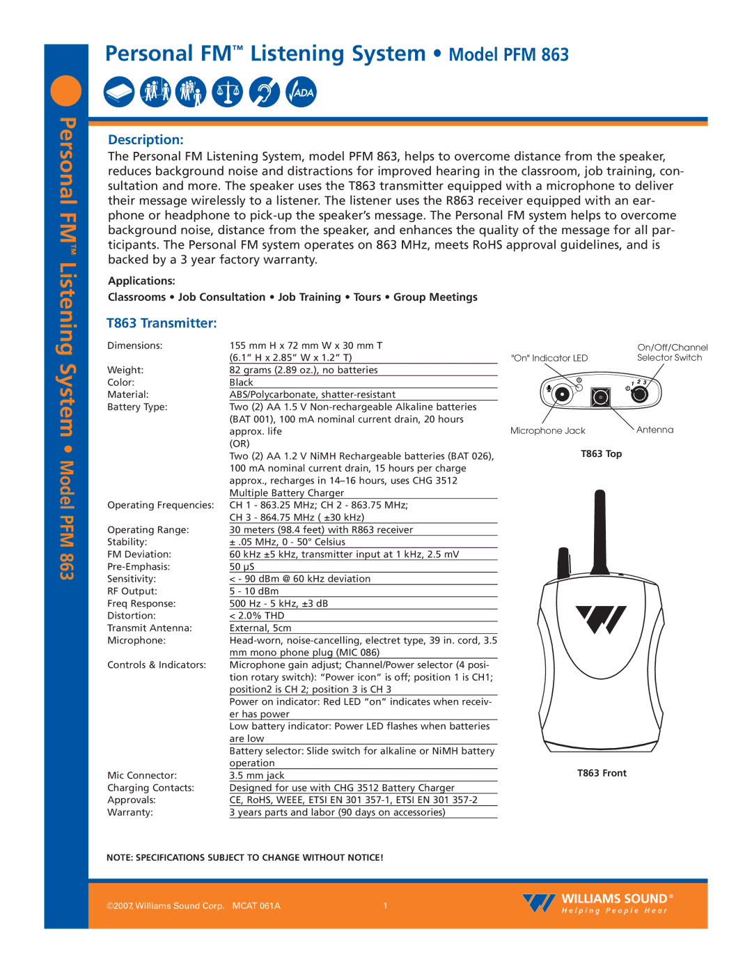 Williams Sound PFM 863 specifications Description, T863 Transmitter 