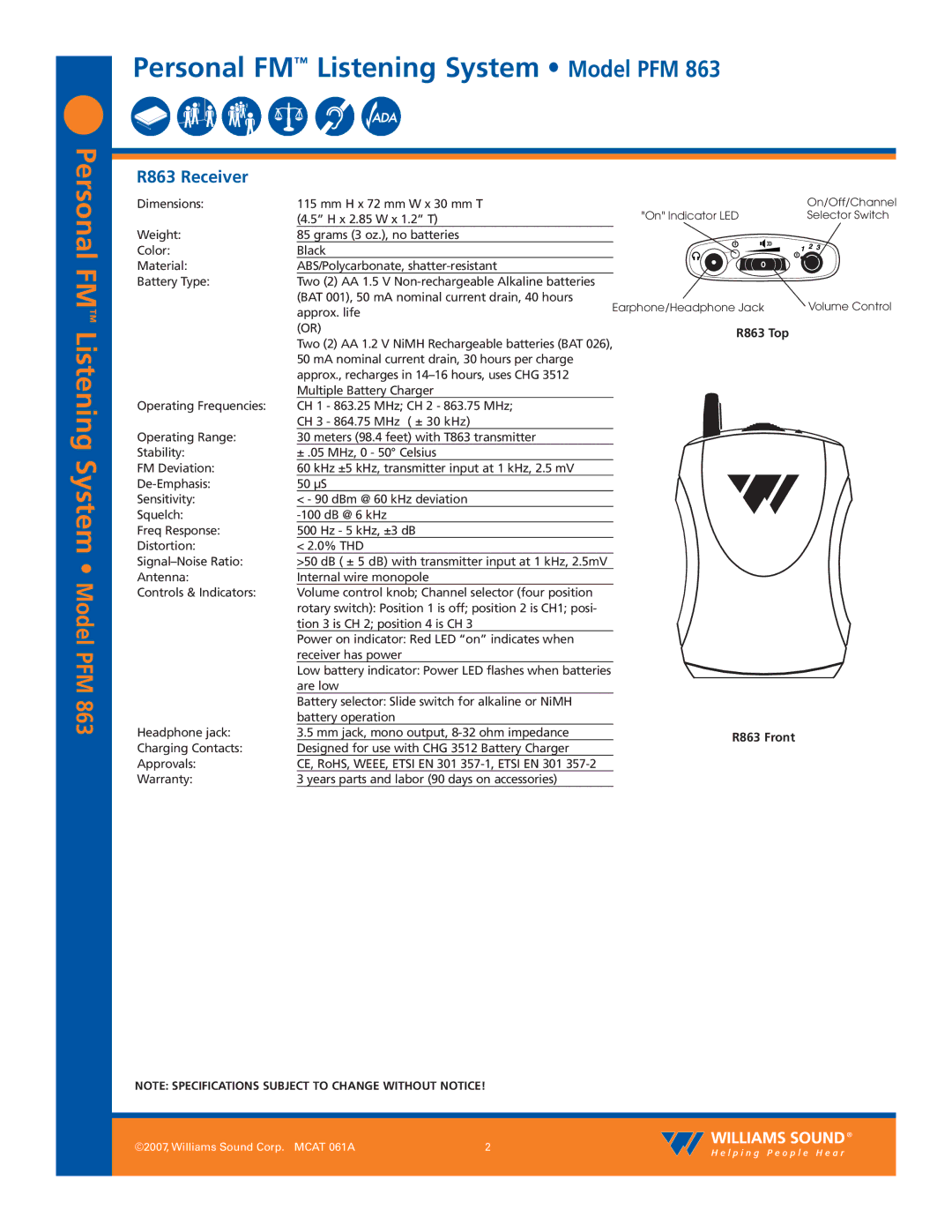 Williams Sound PFM 863 specifications Personal FM Listening System Model PFM, R863 Receiver 