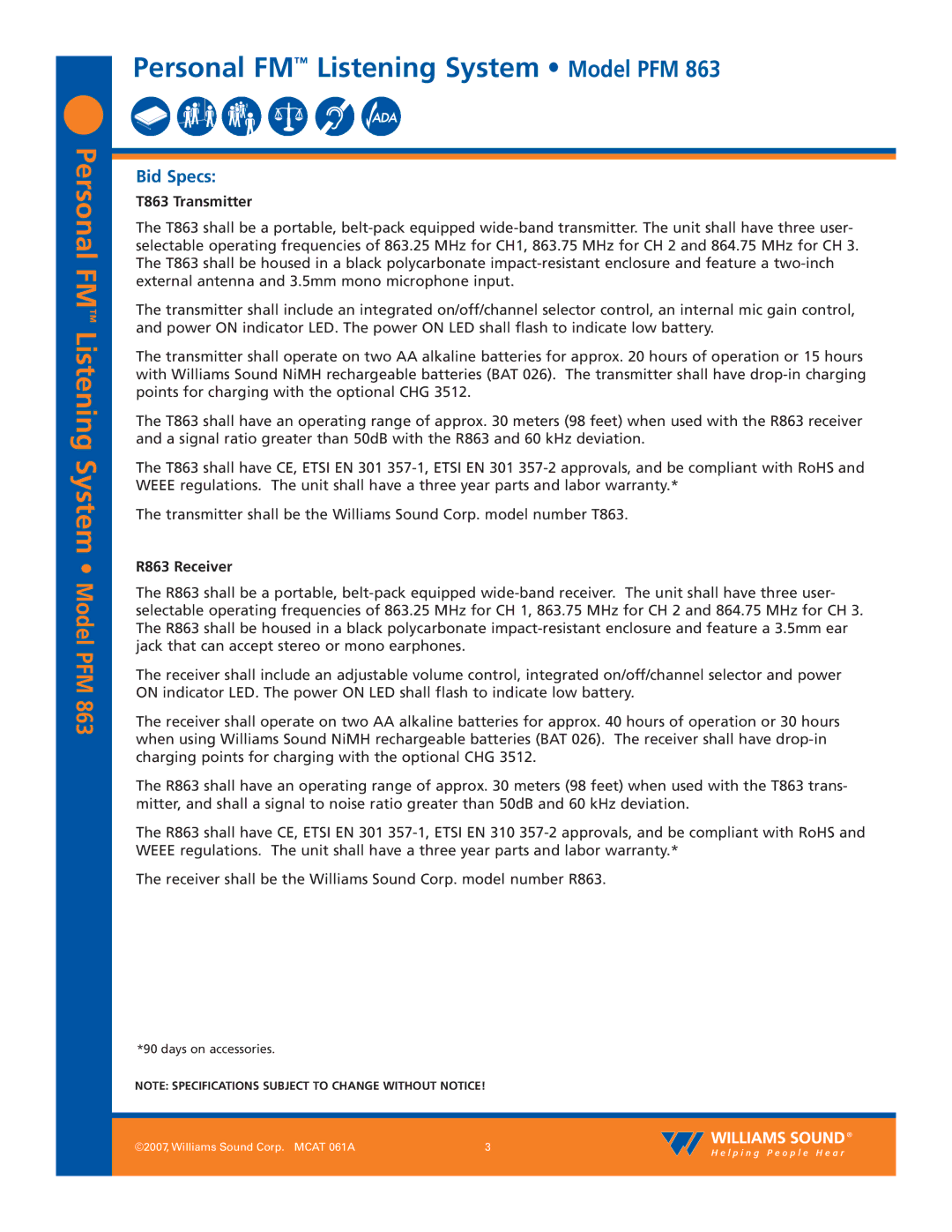 Williams Sound PFM 863 specifications Bid Specs, T863 Transmitter, R863 Receiver 