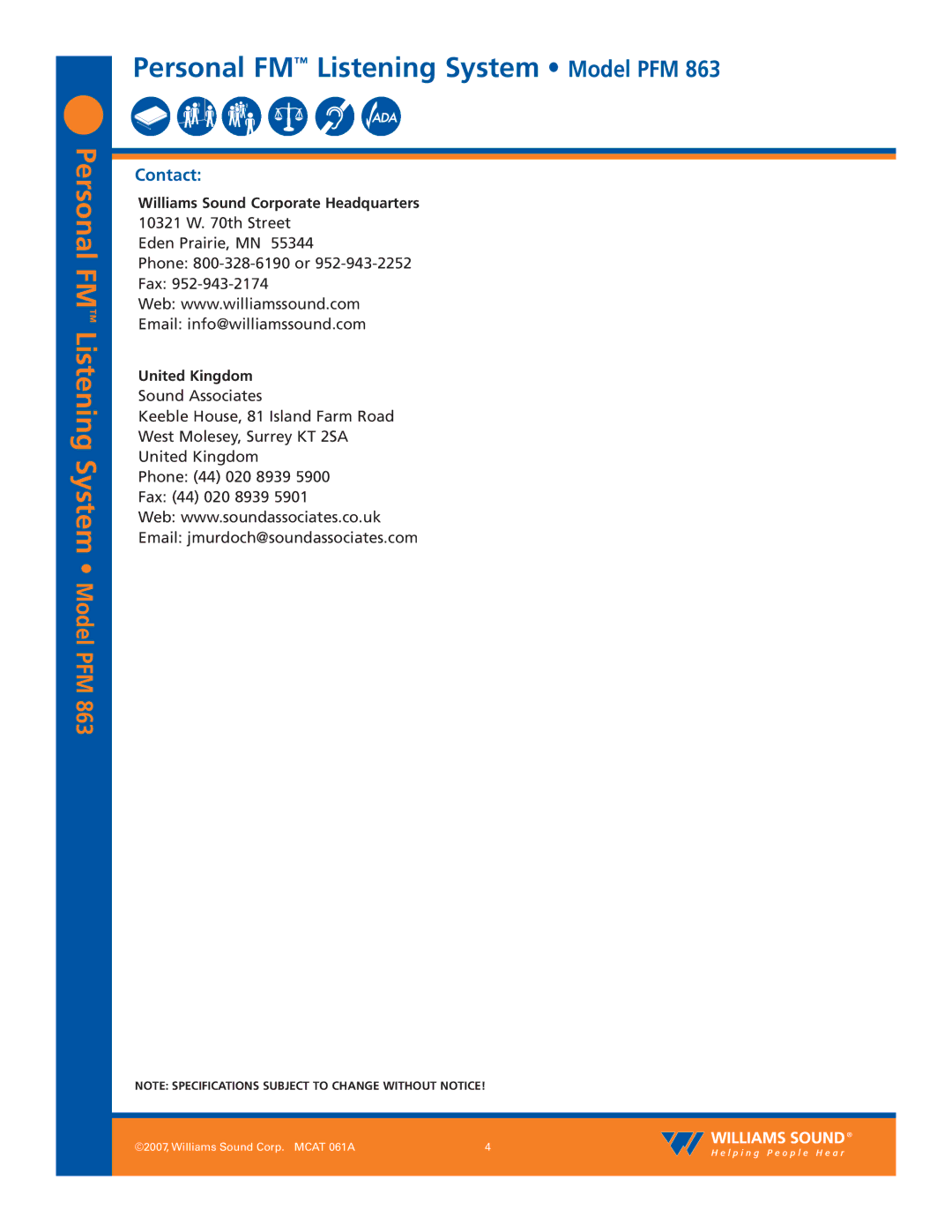 Williams Sound PFM 863 specifications Contact, Williams Sound Corporate Headquarters, United Kingdom 