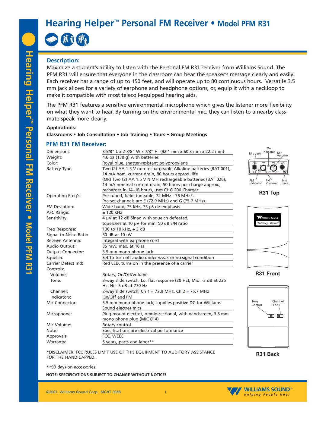 Williams Sound specifications Hearing Helper, Personal FM Receiver Model PFM R31, Description, PFM R31 FM Receiver 