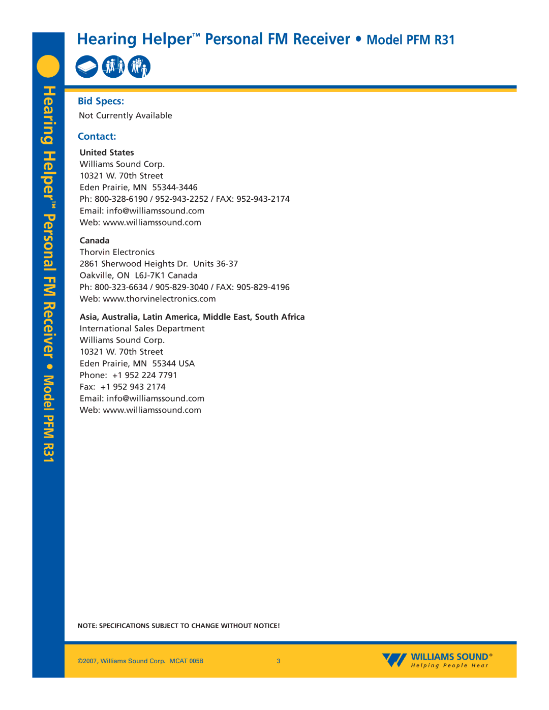 Williams Sound specifications Hearing Helper Personal FM Receiver Model PFM R31, Bid Specs, Contact 