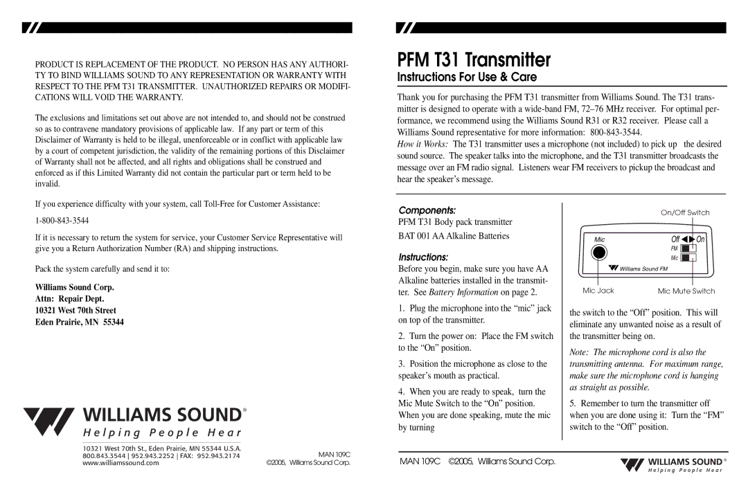 Williams Sound warranty PFM T31 Transmitter, Instructions For Use & Care, Components 