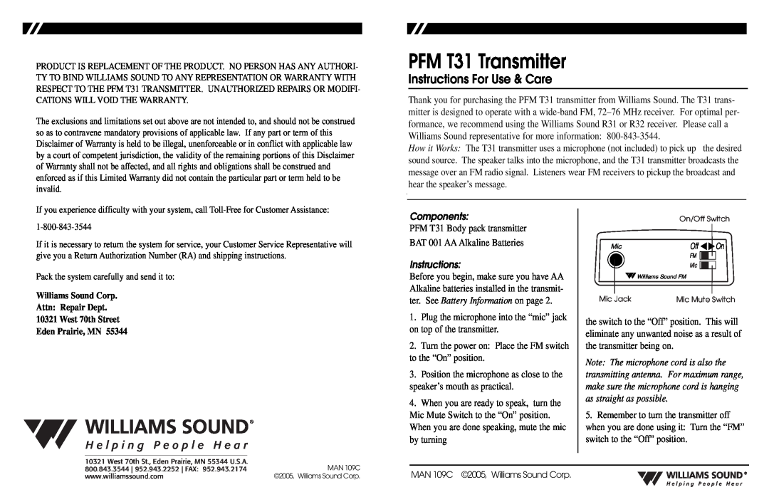 Williams Sound warranty PFM T31 Transmitter, Instructions For Use & Care, Components, Eden Prairie, MN 