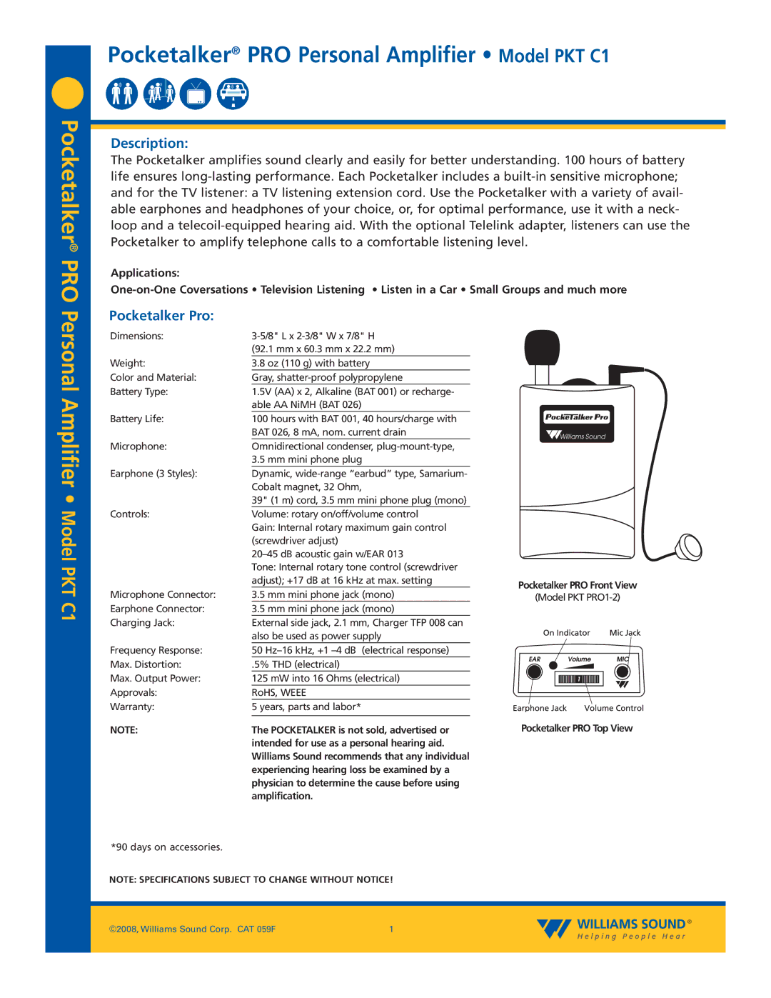 Williams Sound PKT C1 specifications Description, Pocketalker Pro, Amplification, Pocketalker PRO Front View 