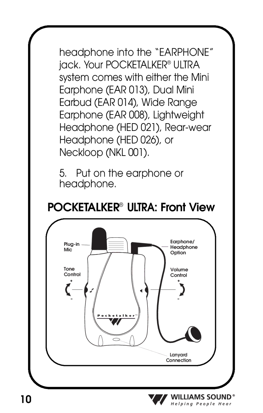 Williams Sound PKT D1 manual Pocketalker Ultra Front View 