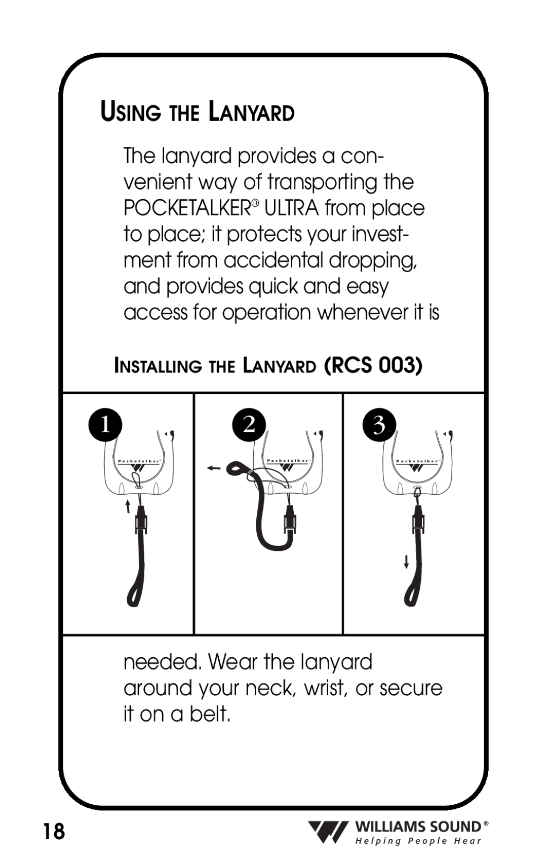 Williams Sound PKT D1 manual Using the Lanyard 