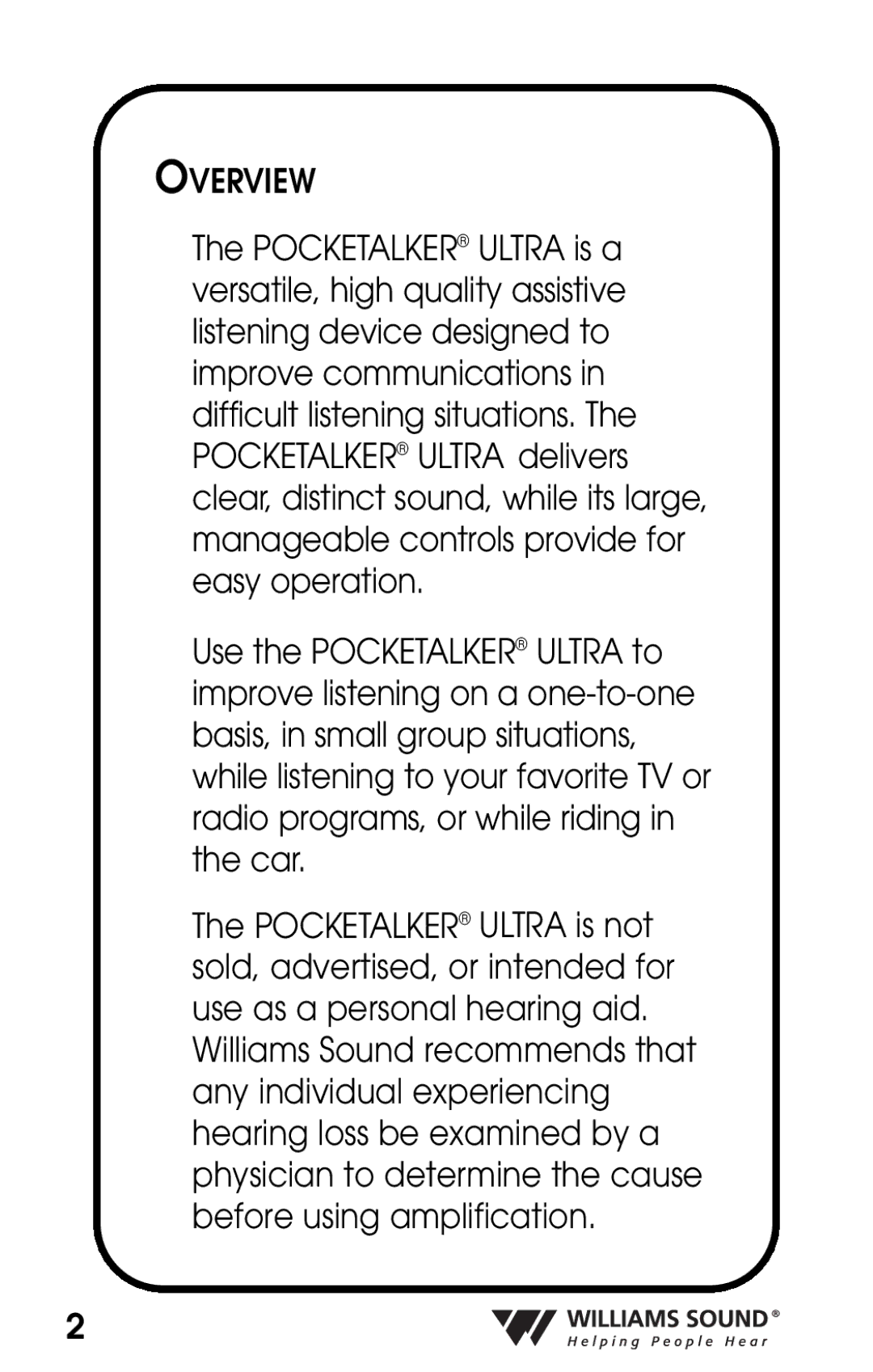 Williams Sound PKT D1 manual Overview 