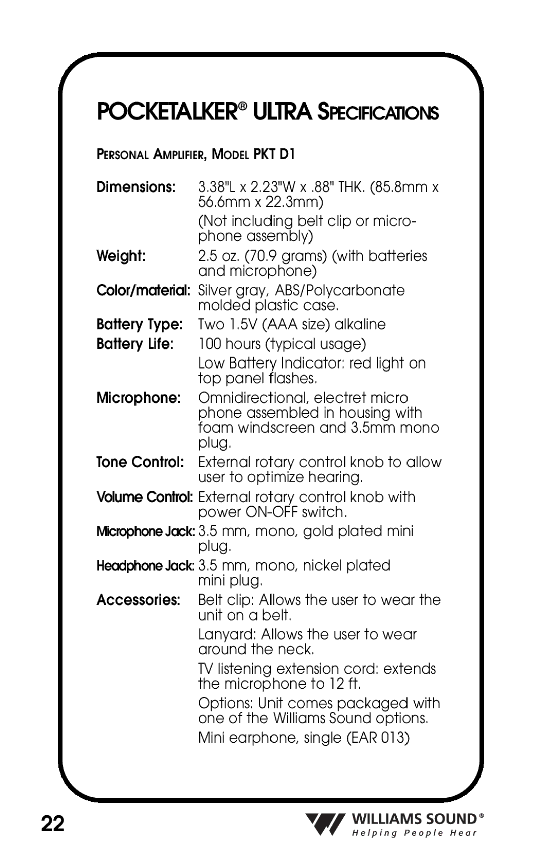 Williams Sound PKT D1 manual Pocketalker Ultra Specifications 