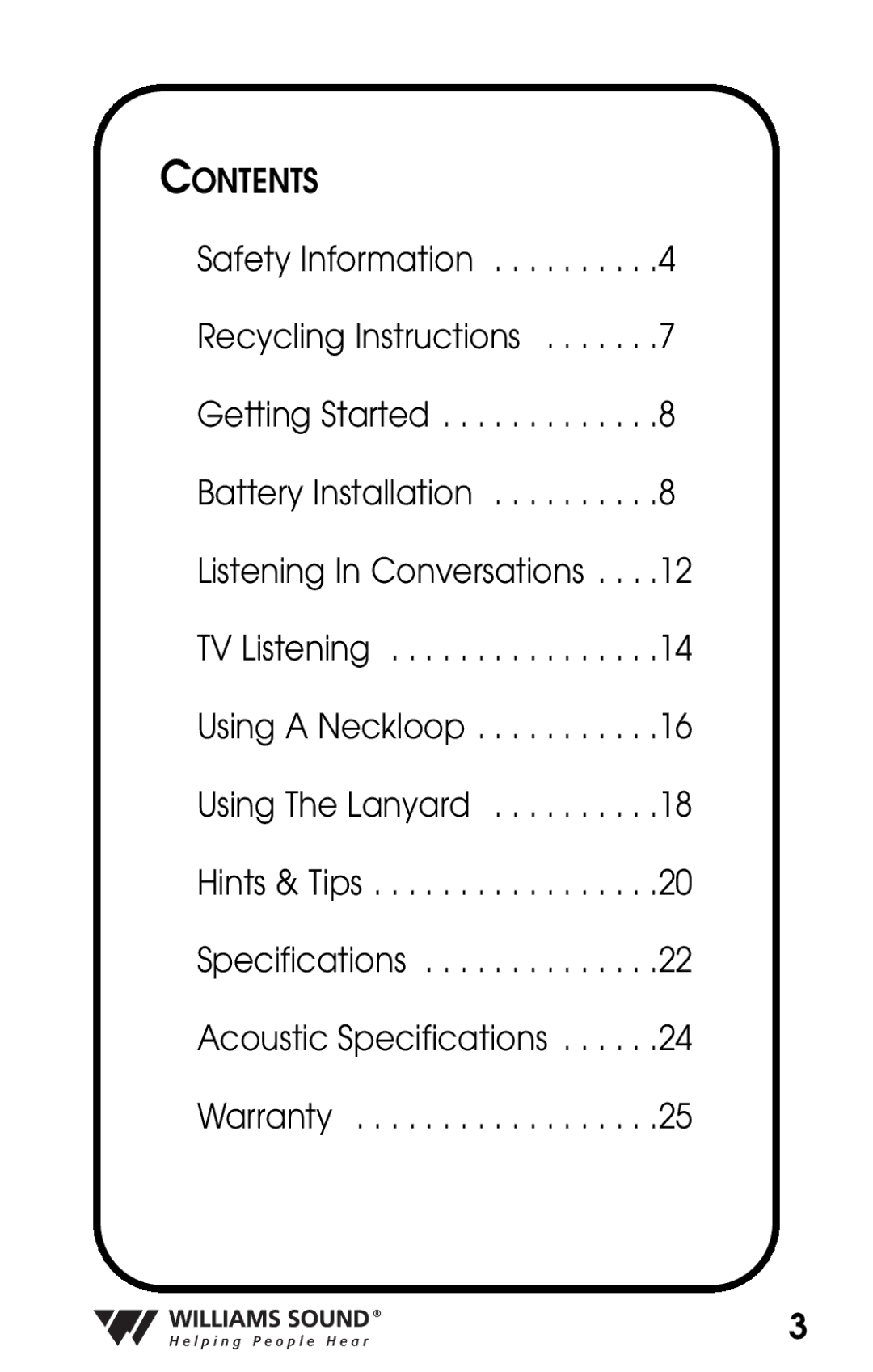 Williams Sound PKT D1 manual Contents 