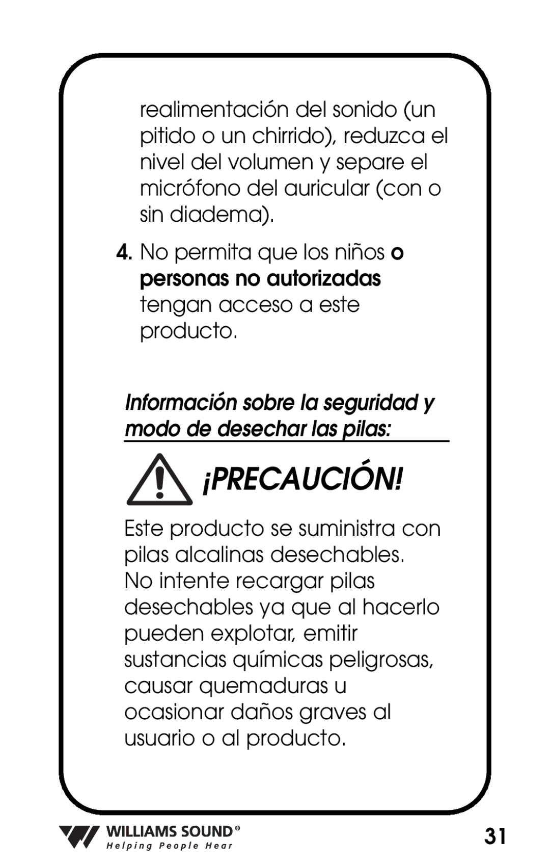 Williams Sound PKT D1 manual Información sobre la seguridad y modo de desechar las pilas 