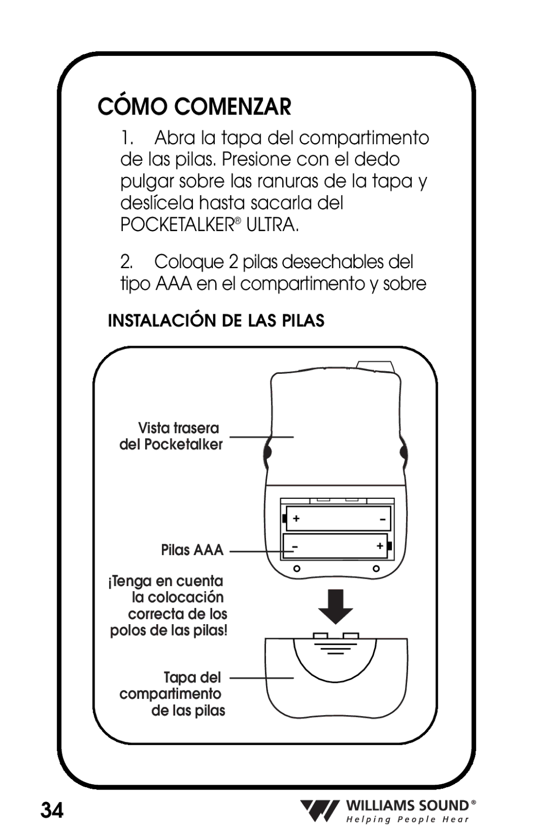 Williams Sound PKT D1 manual Cómo Comenzar, Pocketalker Ultra 