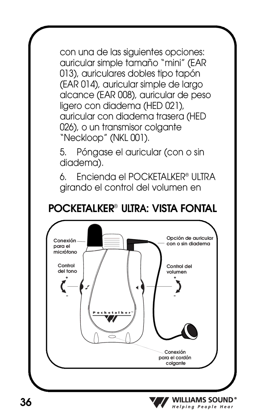 Williams Sound PKT D1 manual Pocketalker Ultra Vista Fontal 