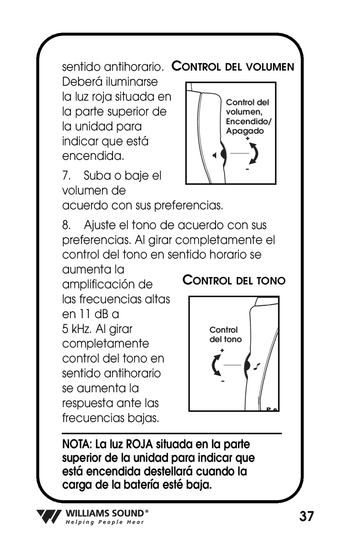 Williams Sound PKT D1 manual Deberá iluminarse La luz roja situada en 