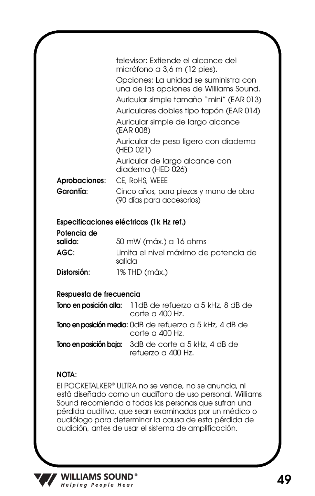 Williams Sound PKT D1 manual Agc 