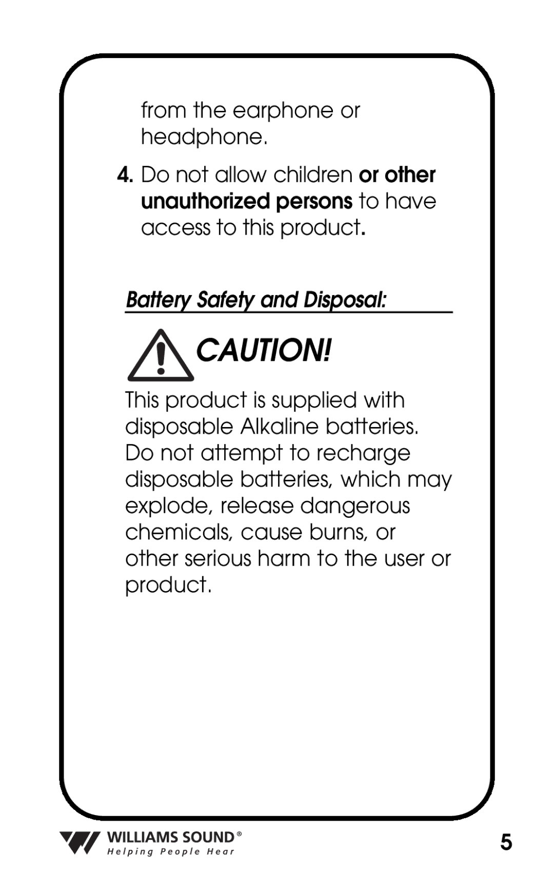 Williams Sound PKT D1 manual Battery Safety and Disposal 