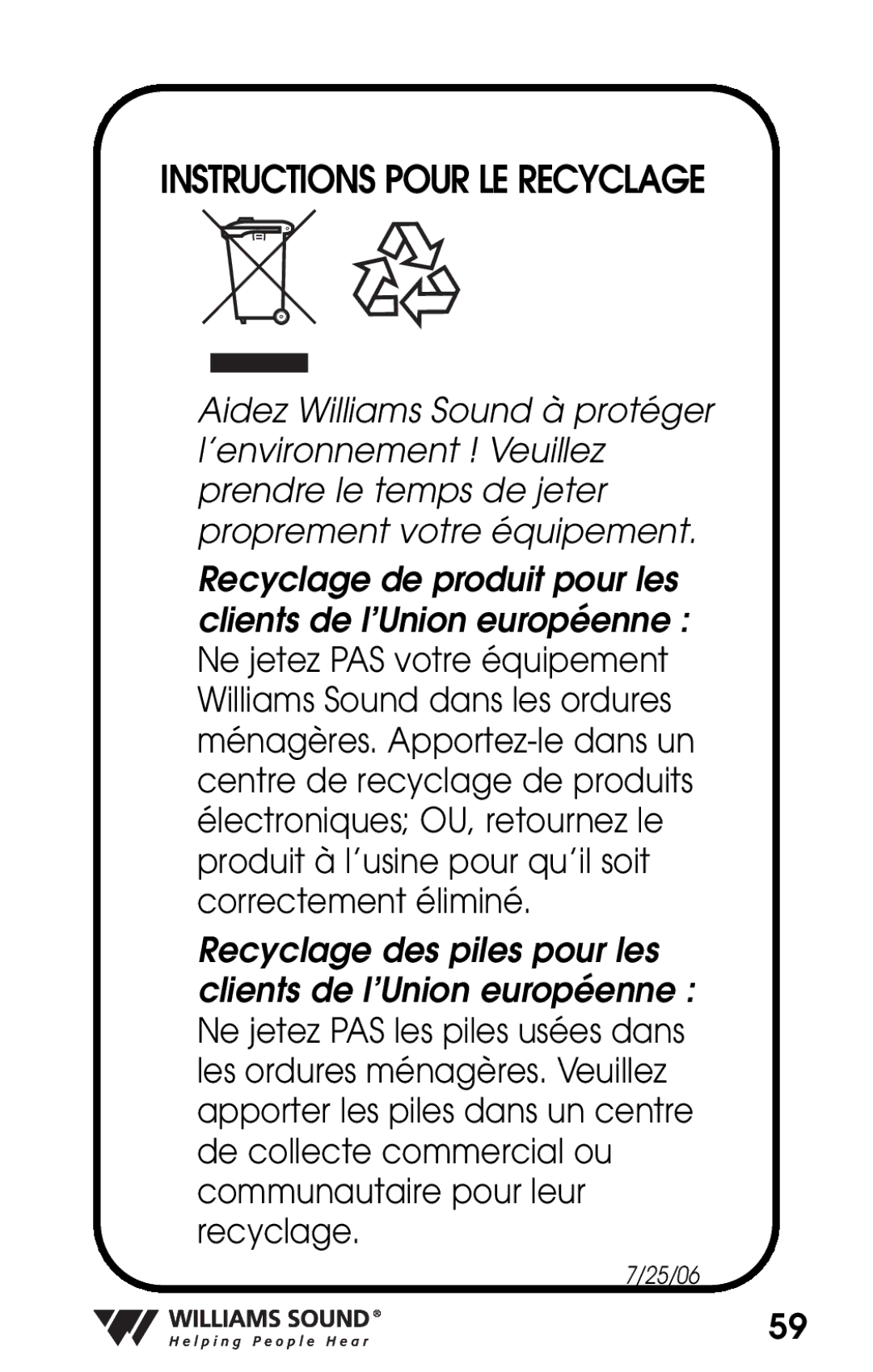 Williams Sound PKT D1 manual Instructions Pour LE Recyclage 