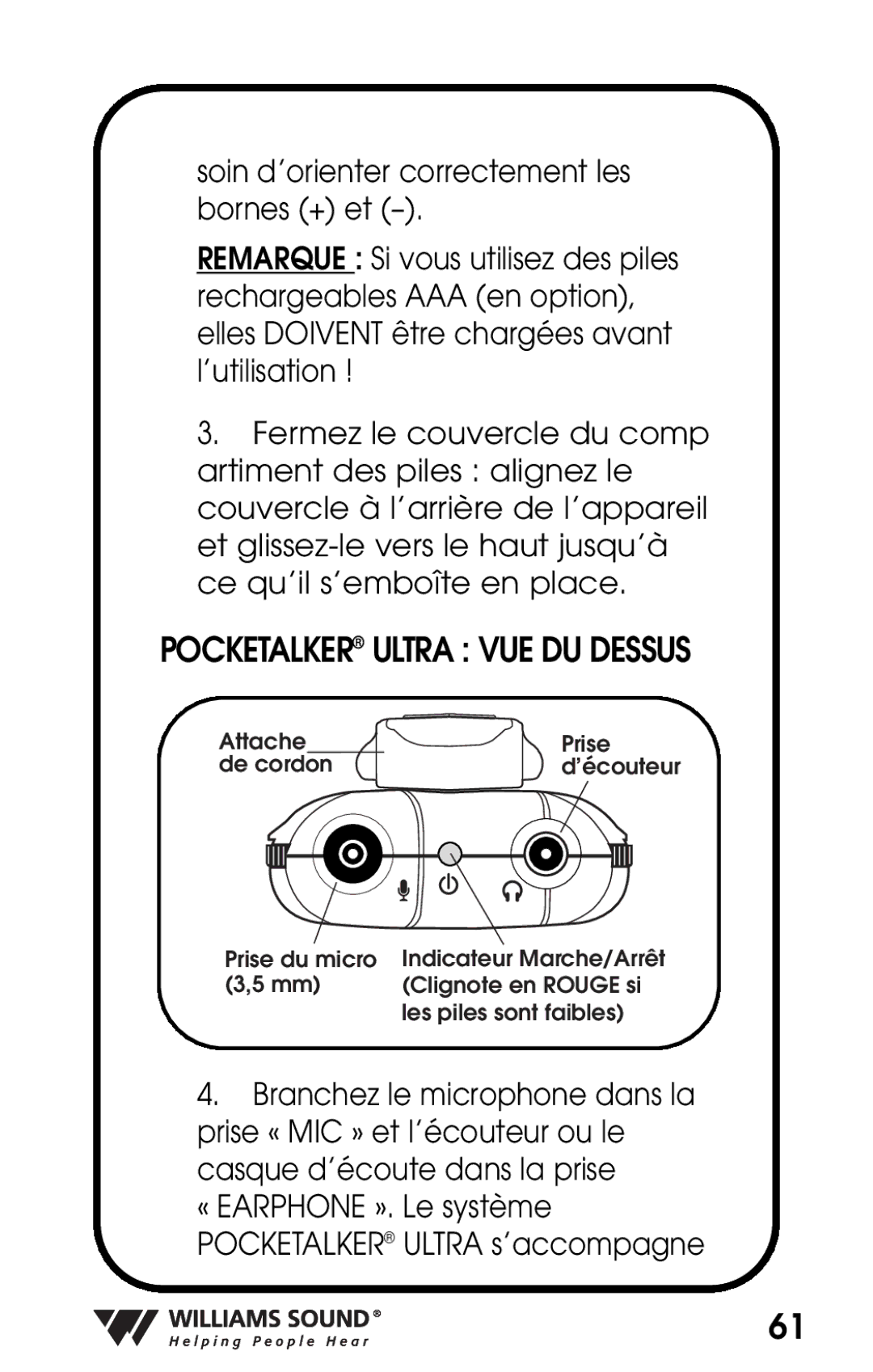 Williams Sound PKT D1 manual Pocketalker Ultra VUE DU Dessus 