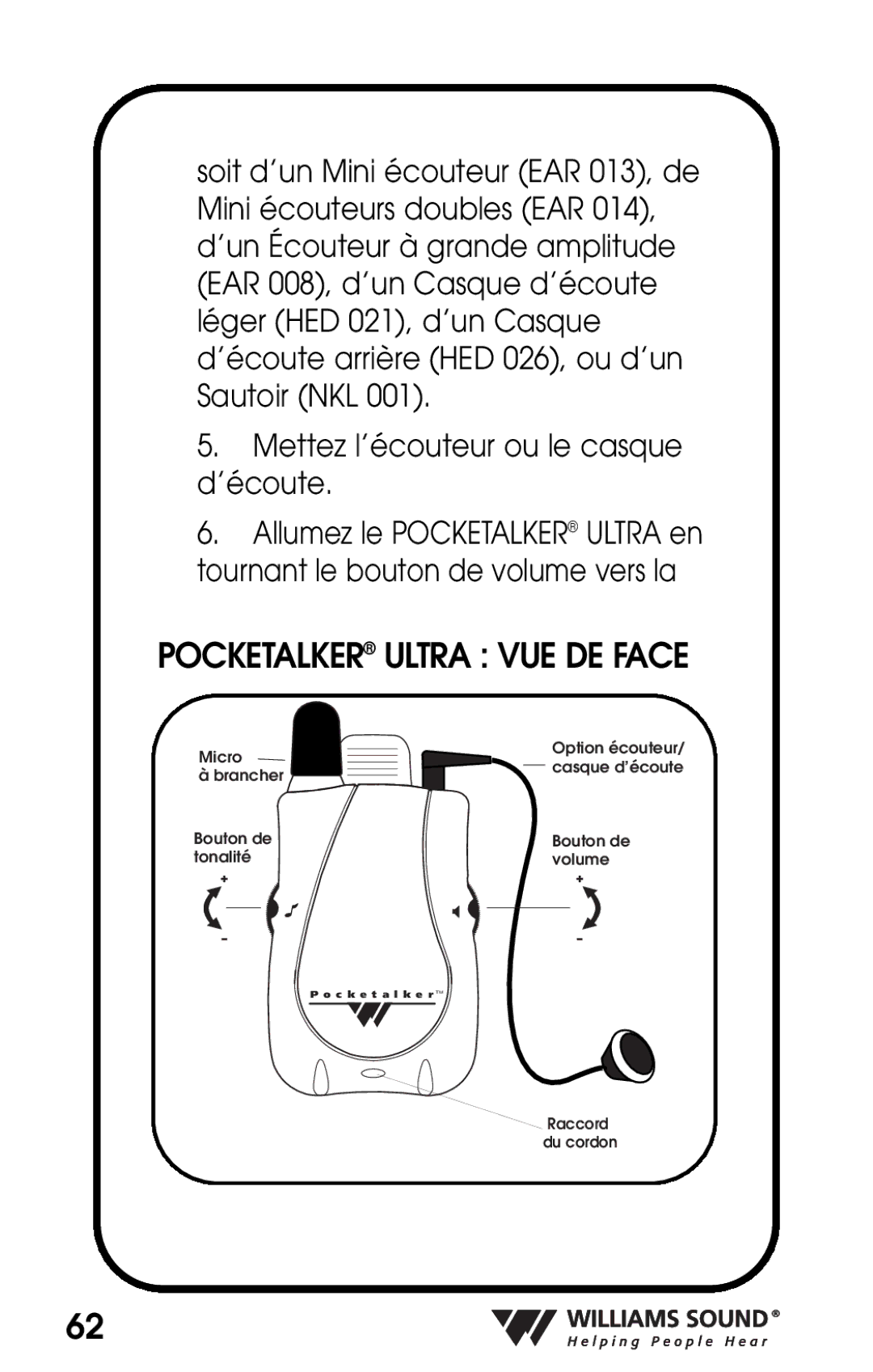 Williams Sound PKT D1 manual Pocketalker Ultra VUE DE Face 