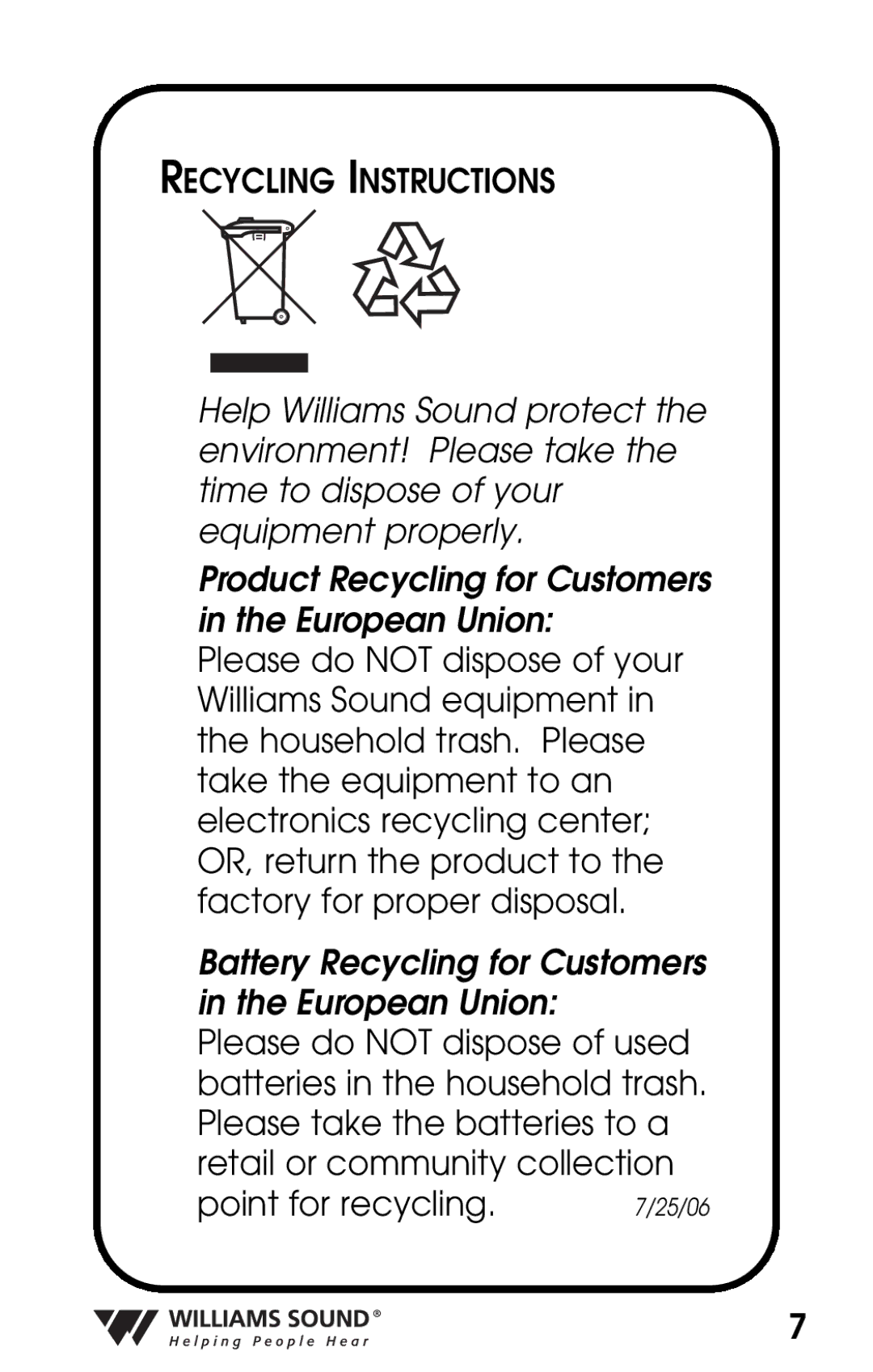 Williams Sound PKT D1 manual Recycling Instructions, Battery Recycling for Customers in the European Union 